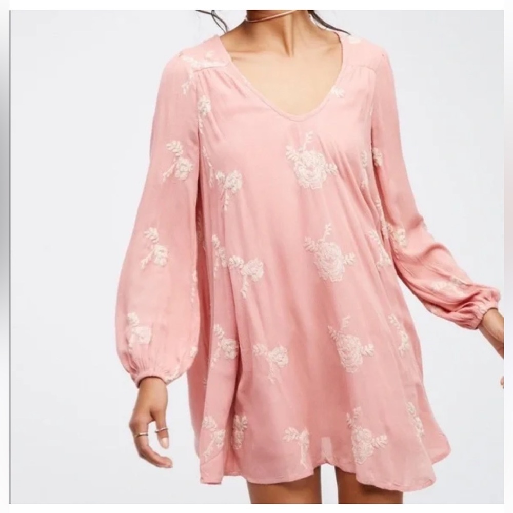 Free People Emma Austin embroidered floral Pink bishop Sleeve Sundress